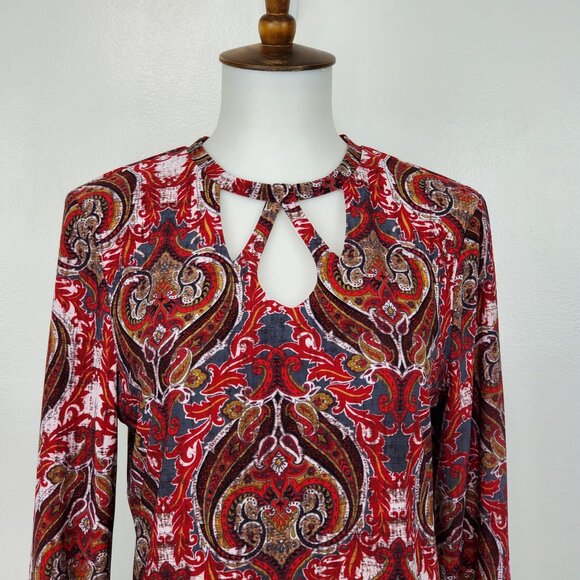 Jones Studio Red Pullover 3/4 Sleeve Paisley Top With Cutouts NEW NWT Size XS - Picture 2 of 14